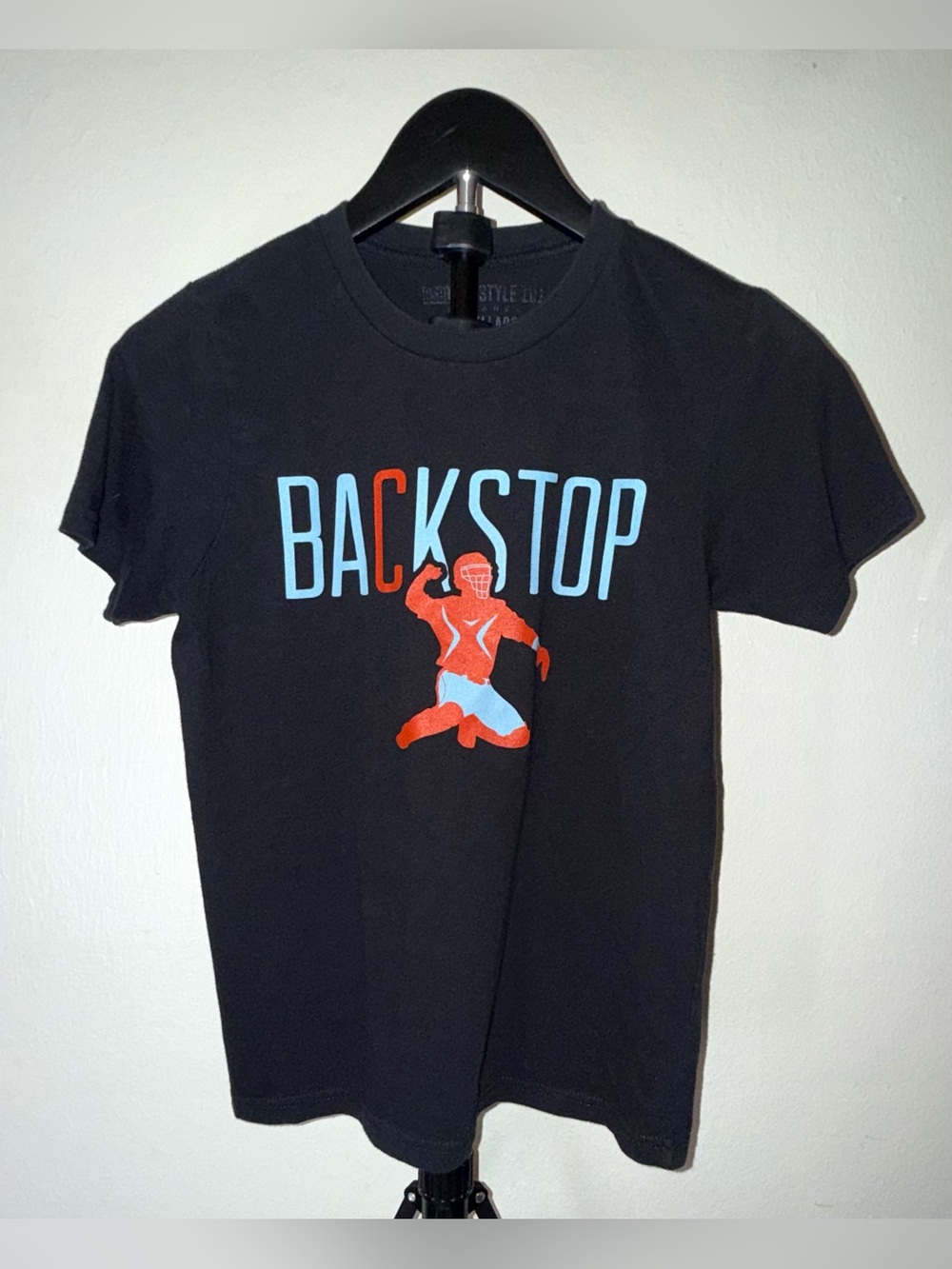 Baseball Lifestyle 101 short sleeve black BACKSTOP tee, size L